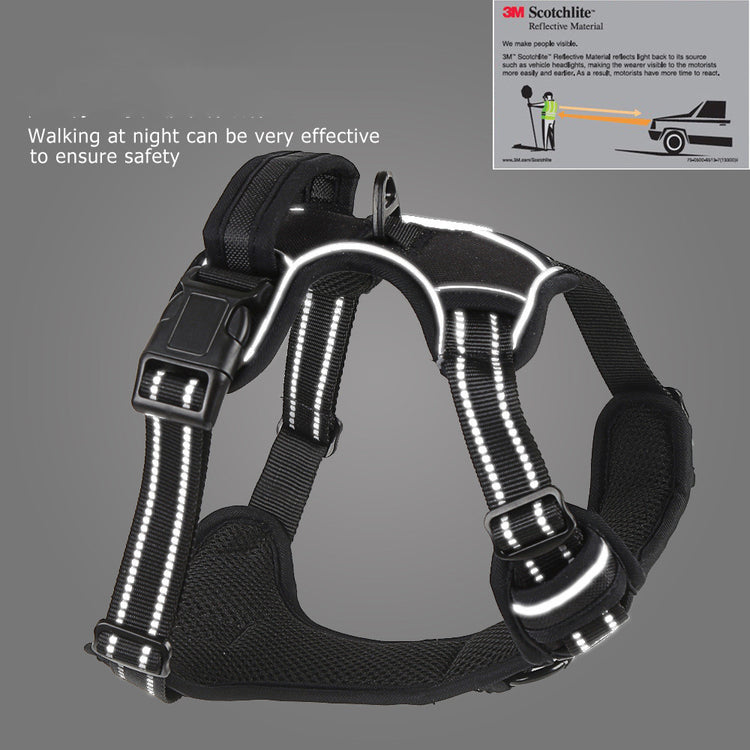Reflective dog harness with text about night safety on a gray background