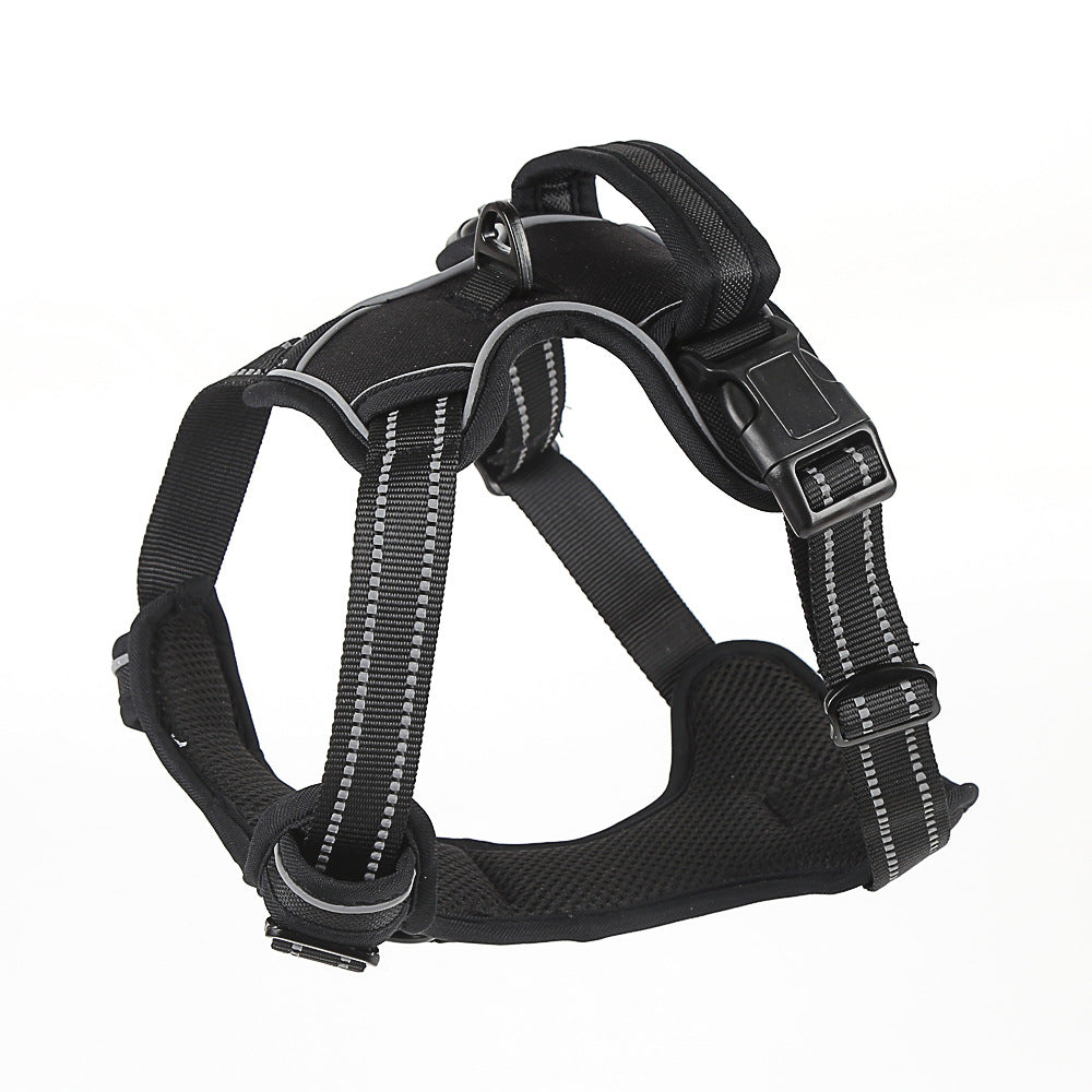 Black dog harness with reflective stripes on a white background