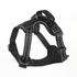 Black dog harness with reflective stripes on a white background
