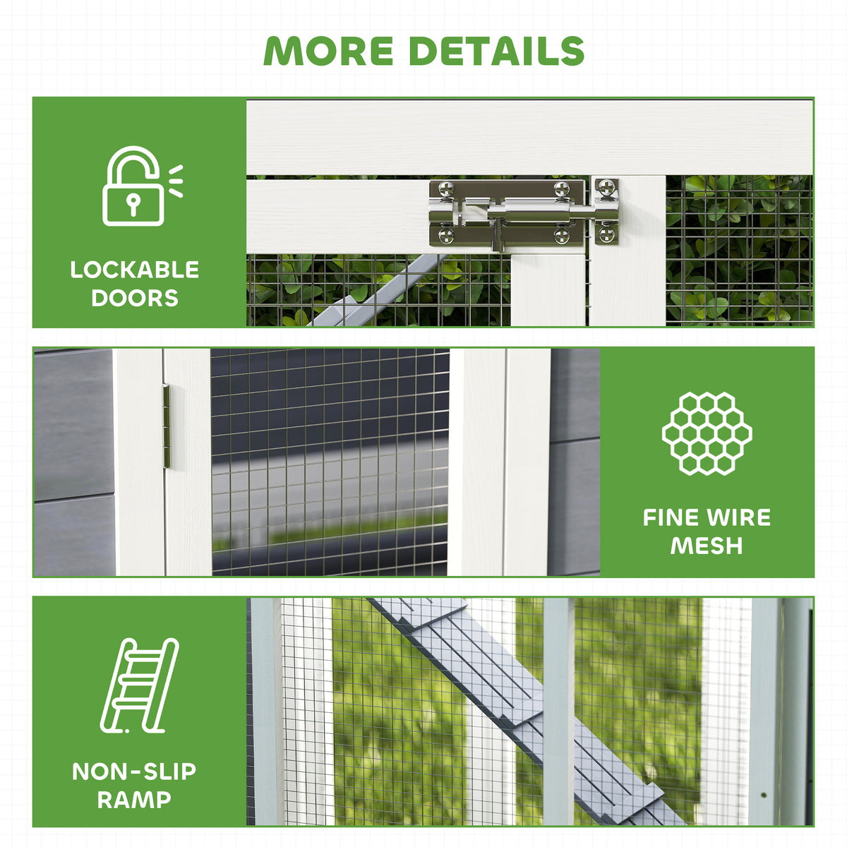 Product features with lockable doors, fine wire mesh, and non-slip ramp highlighted.