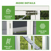 Product features with lockable doors, fine wire mesh, and non-slip ramp highlighted.
