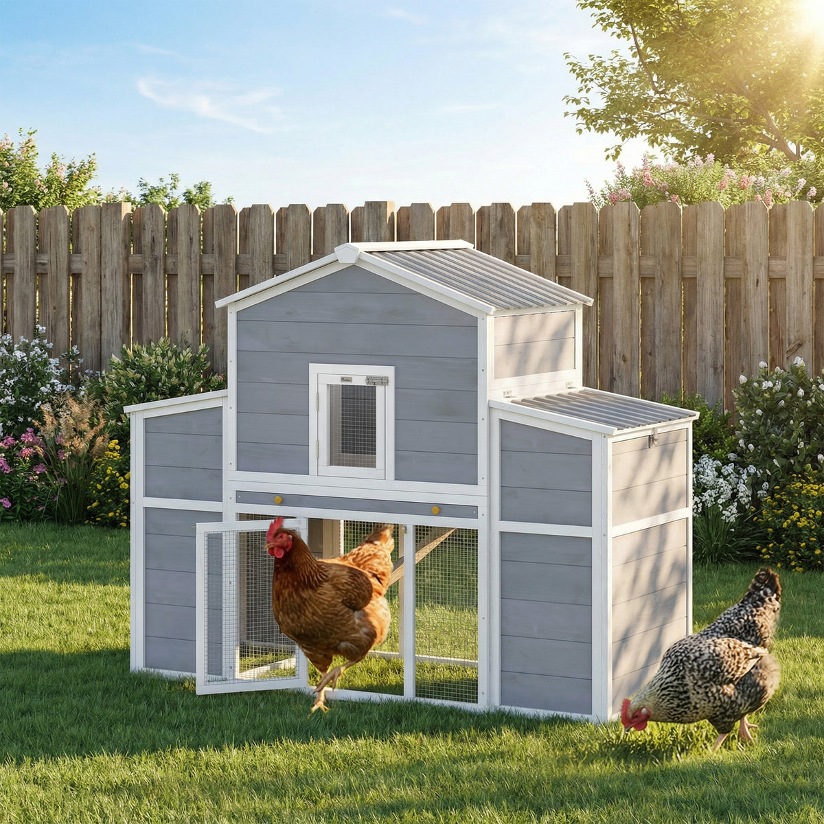 Gray chicken coop with two chickens in a garden setting