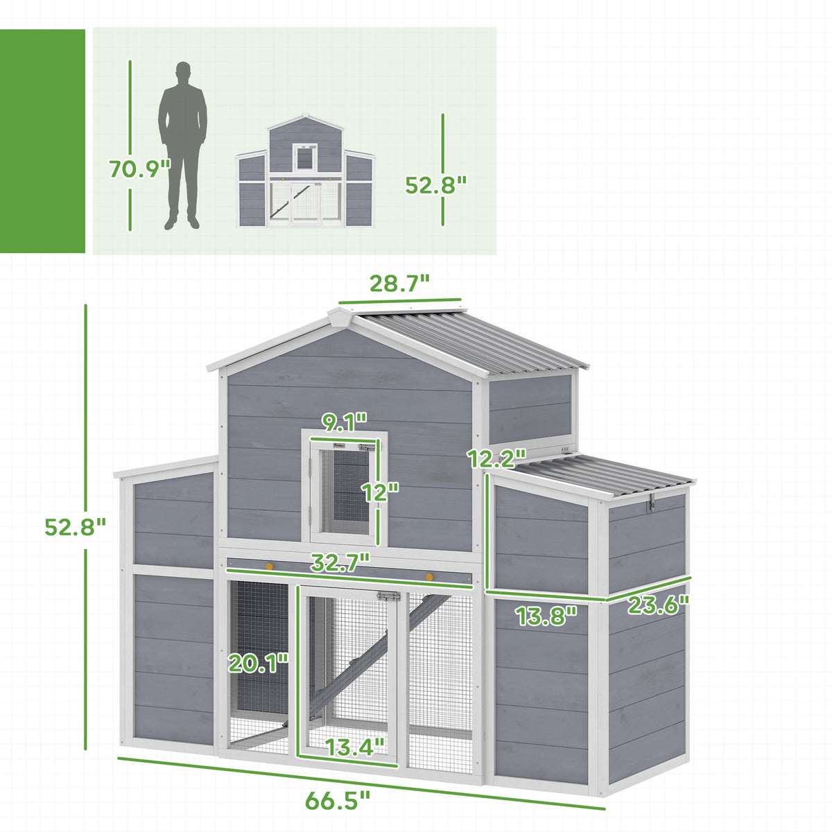 Dimensions of a two-story chicken coop with a person for scale on a white background