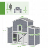 Dimensions of a two-story chicken coop with a person for scale on a white background