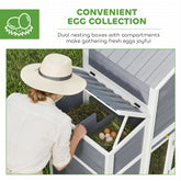 Person collecting eggs from a wooden chicken coop with text about convenient egg collection.