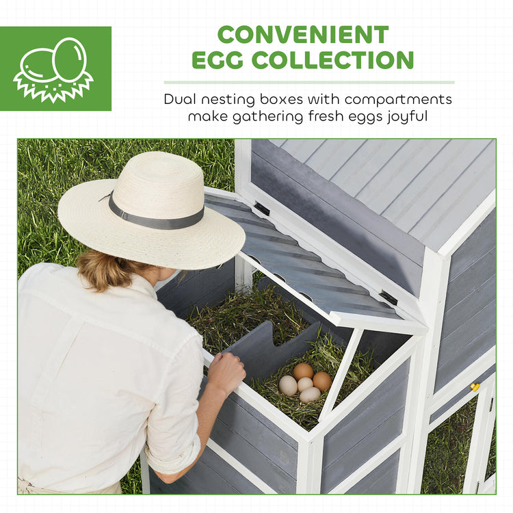 Person collecting eggs from a wooden chicken coop with text about convenient egg collection.