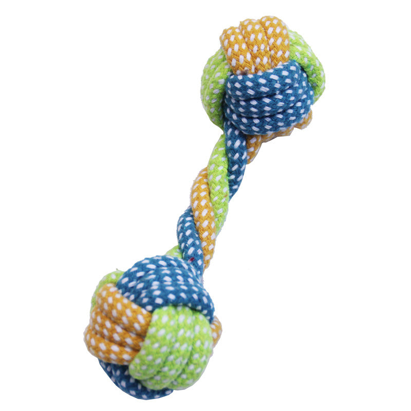 Colorful dog toy with knotted design on a white background
