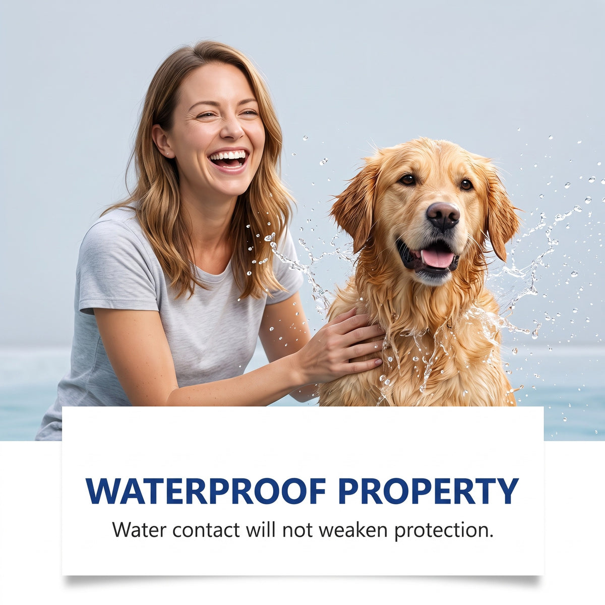 A woman smiling and petting a wet golden retriever with water splashing around them, with a white text banner at the bottom reading &