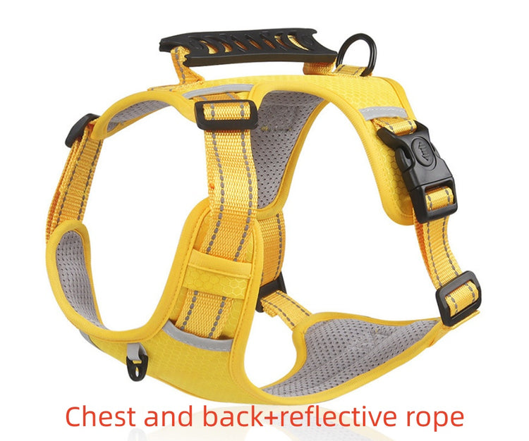 Yellow reflective dog harness with gray mesh padding and black plastic buckles, shown on a white background with red text at the bottom reading &