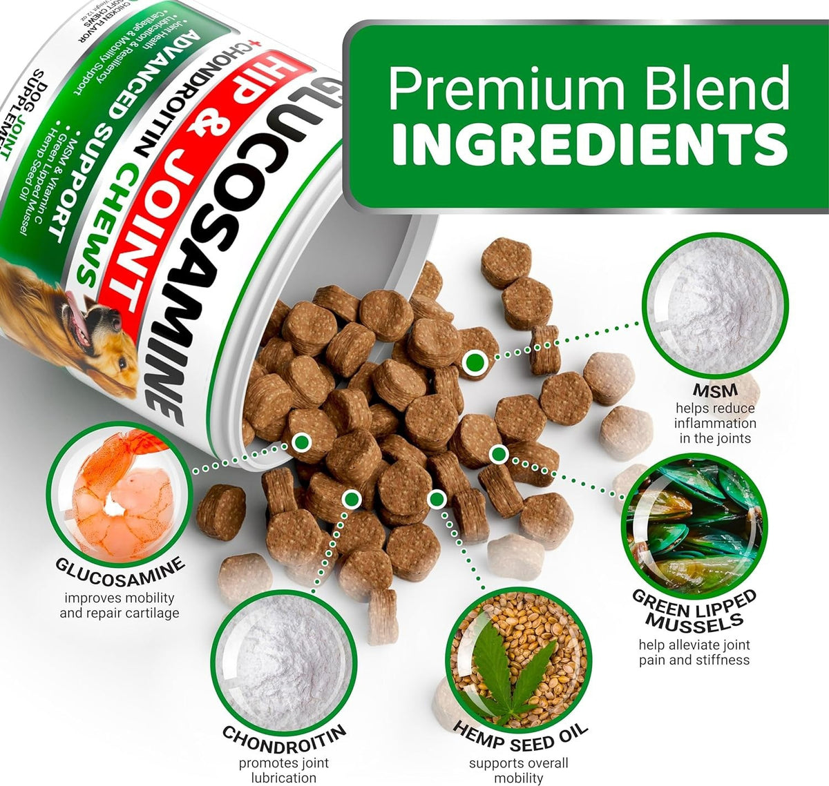 Dog chews with visible ingredients and text about premium blend ingredients on a white background.