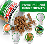 Dog chews with visible ingredients and text about premium blend ingredients on a white background.