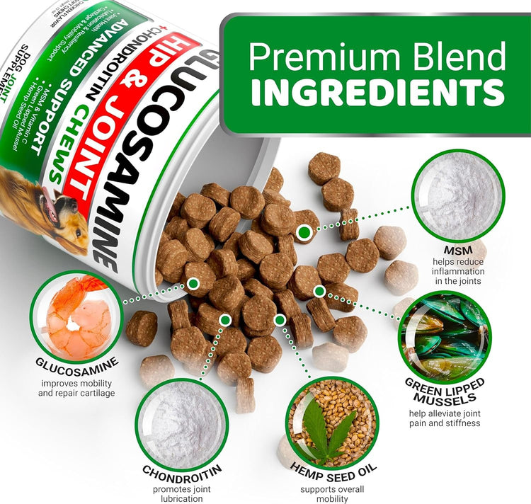 Dog chews with visible ingredients and text about premium blend ingredients on a white background.