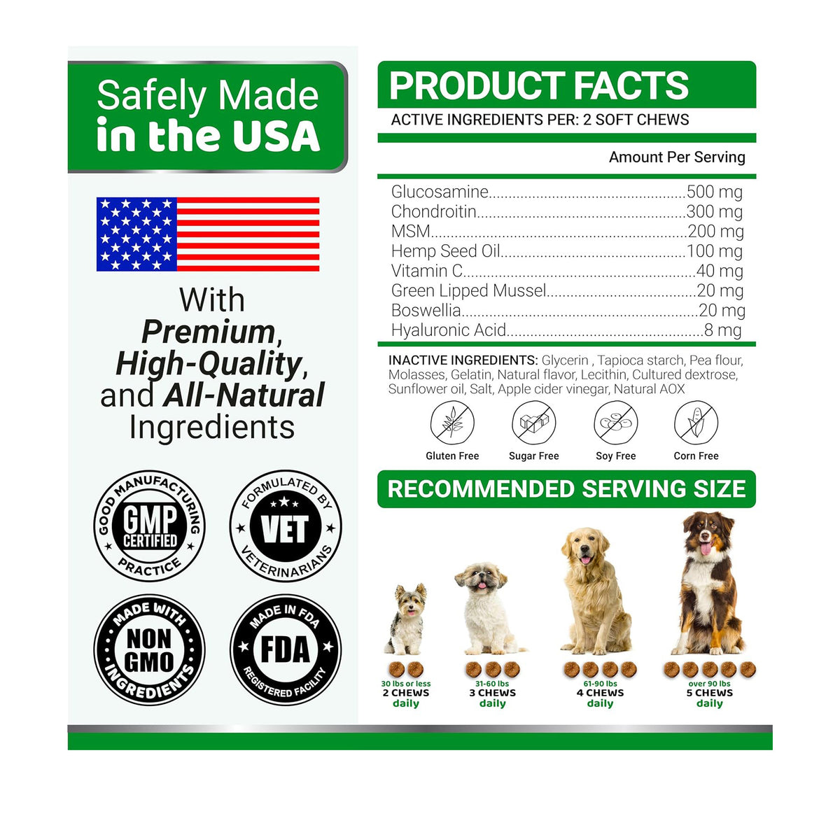 Product label for dog chews with safety and quality assurances on a white background
