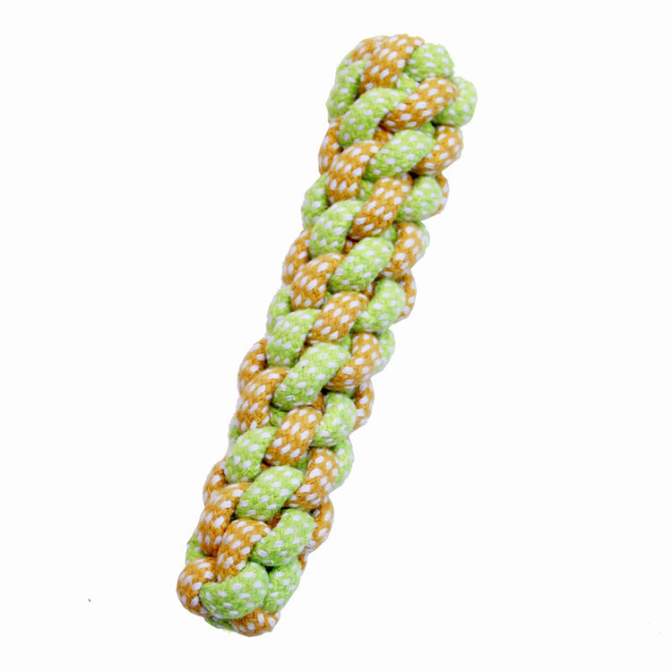 Braided dog toy with green and orange pattern on a white background