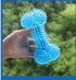 Blue textured dog toy held by a hand with a blurred green background