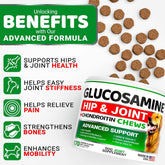 Dog supplement package with text highlighting benefits on a white background