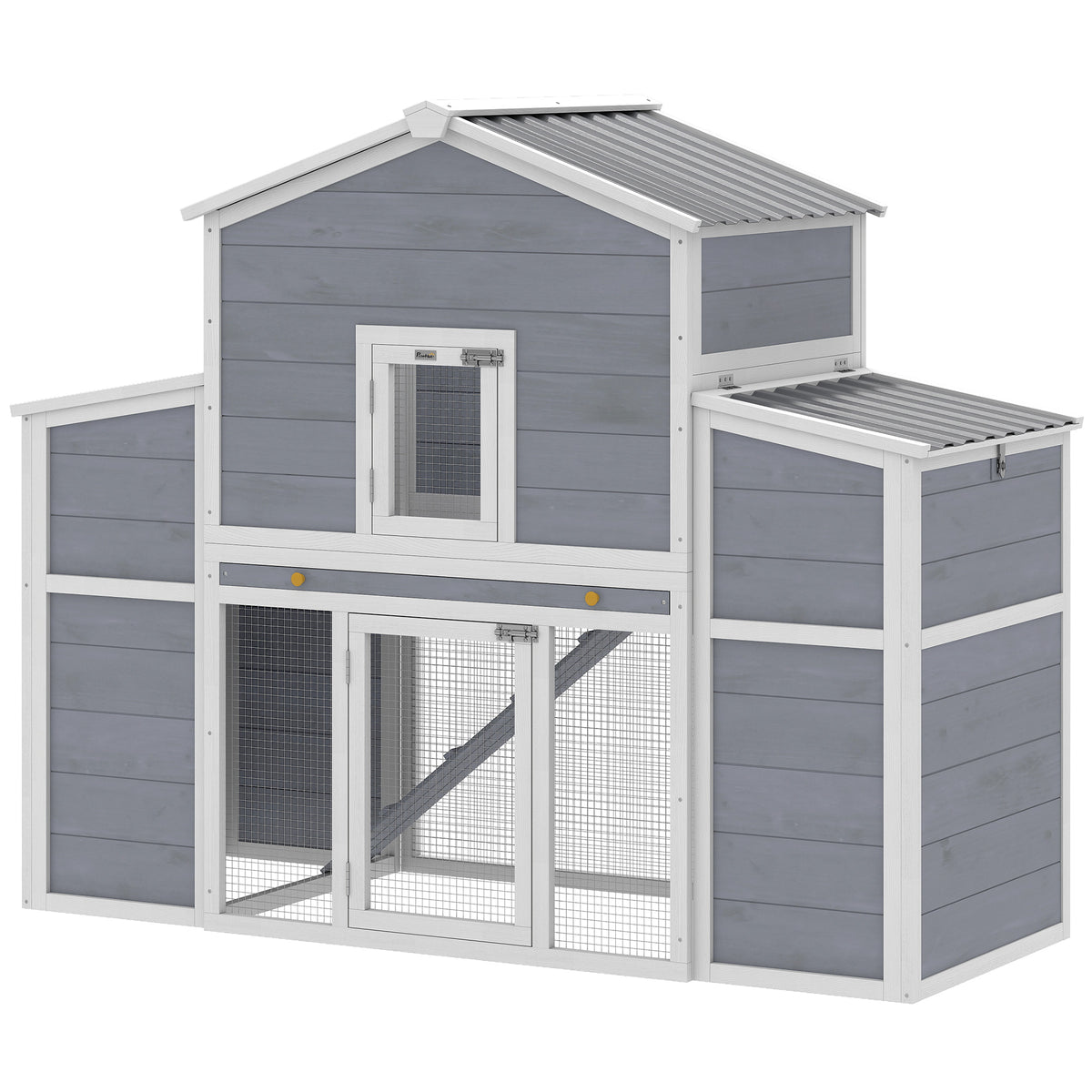 Two-level wooden chicken coop with gray and white color scheme on a white background