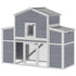 Two-level wooden chicken coop with gray and white color scheme on a white background