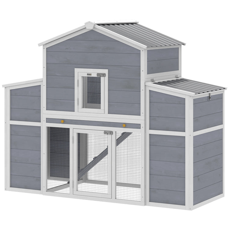 Two-level wooden chicken coop with gray and white color scheme on a white background