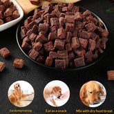Dog treats in a black bowl on a dark surface with small images of dogs and text below.