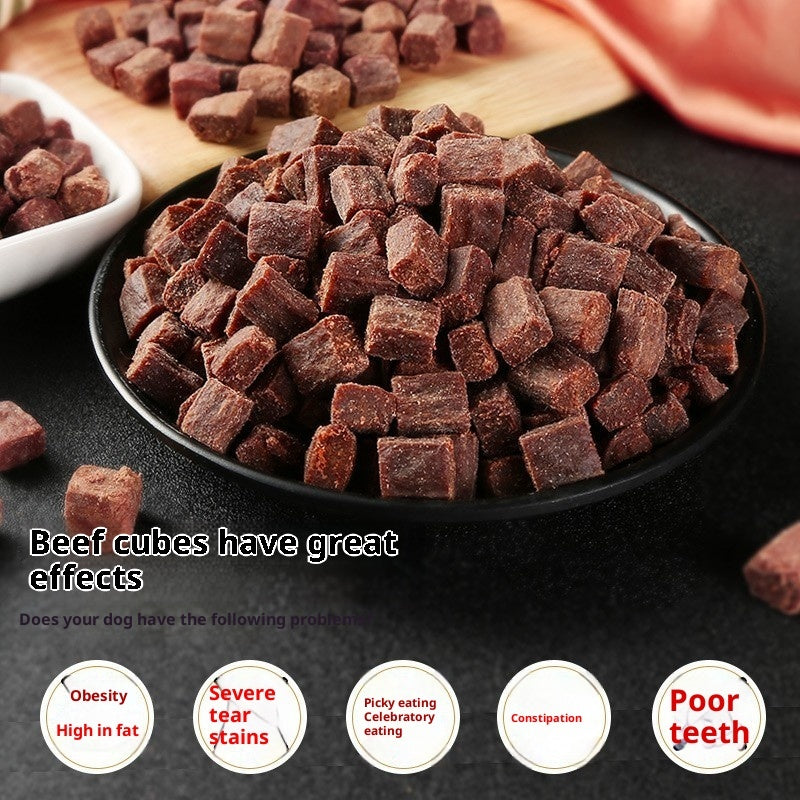 Beef cubes on a black plate with text about dog health benefits and issues.