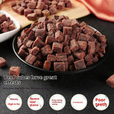 Beef cubes on a black plate with text about dog health benefits and issues.