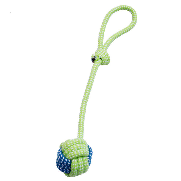 Green and blue rope ball toy on a white background