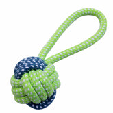 Dog toy with green and blue rope knot on a white background