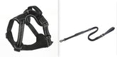 Black dog harness and leash on a white background