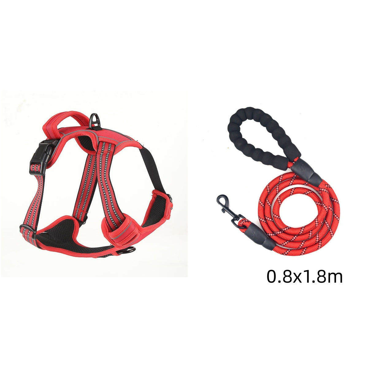 Red dog harness and leash set on a white background