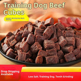 Training dog beef cubes in a bowl with promotional text on a wooden background