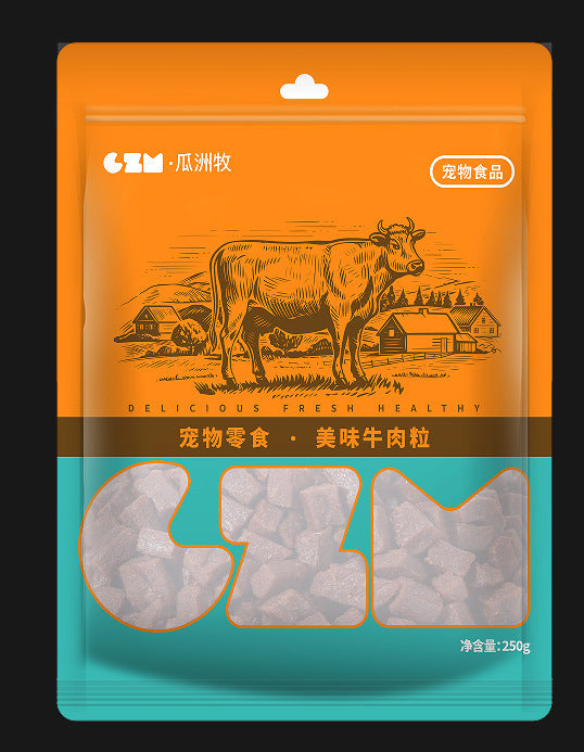 Pet food package with cow illustration and &