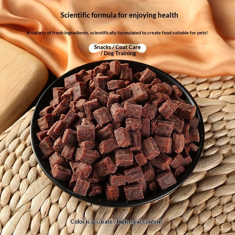 Black bowl filled with pet treats on a woven surface with text about scientific health formula.