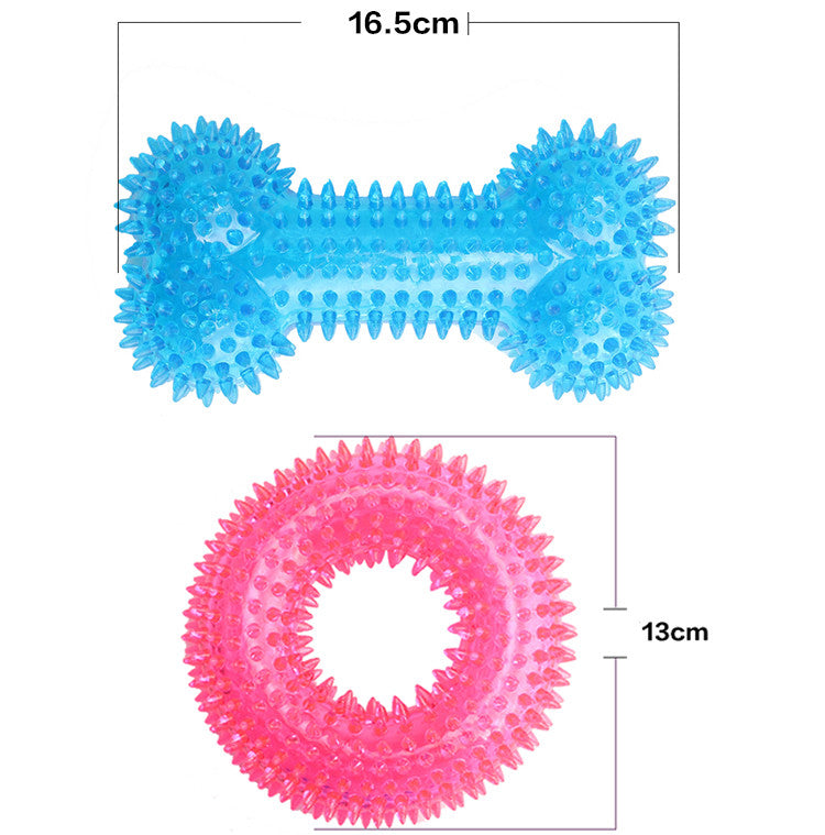 Blue and pink textured dog toys with measurements on a white background