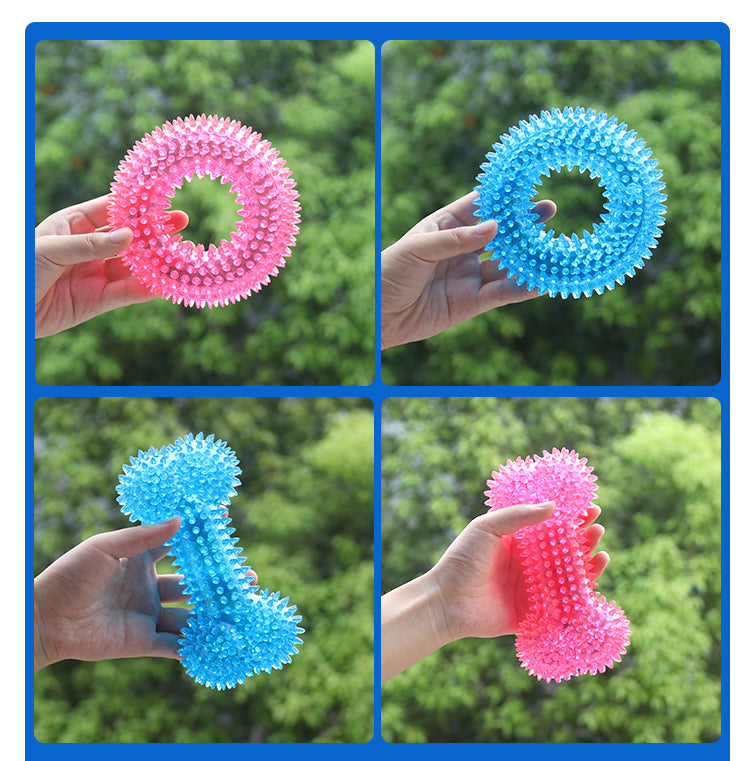 Collage of pink and blue textured stress balls held by hands against a green outdoor background.