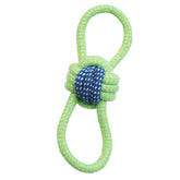 Green rope toy with a blue ball in the center on a white background