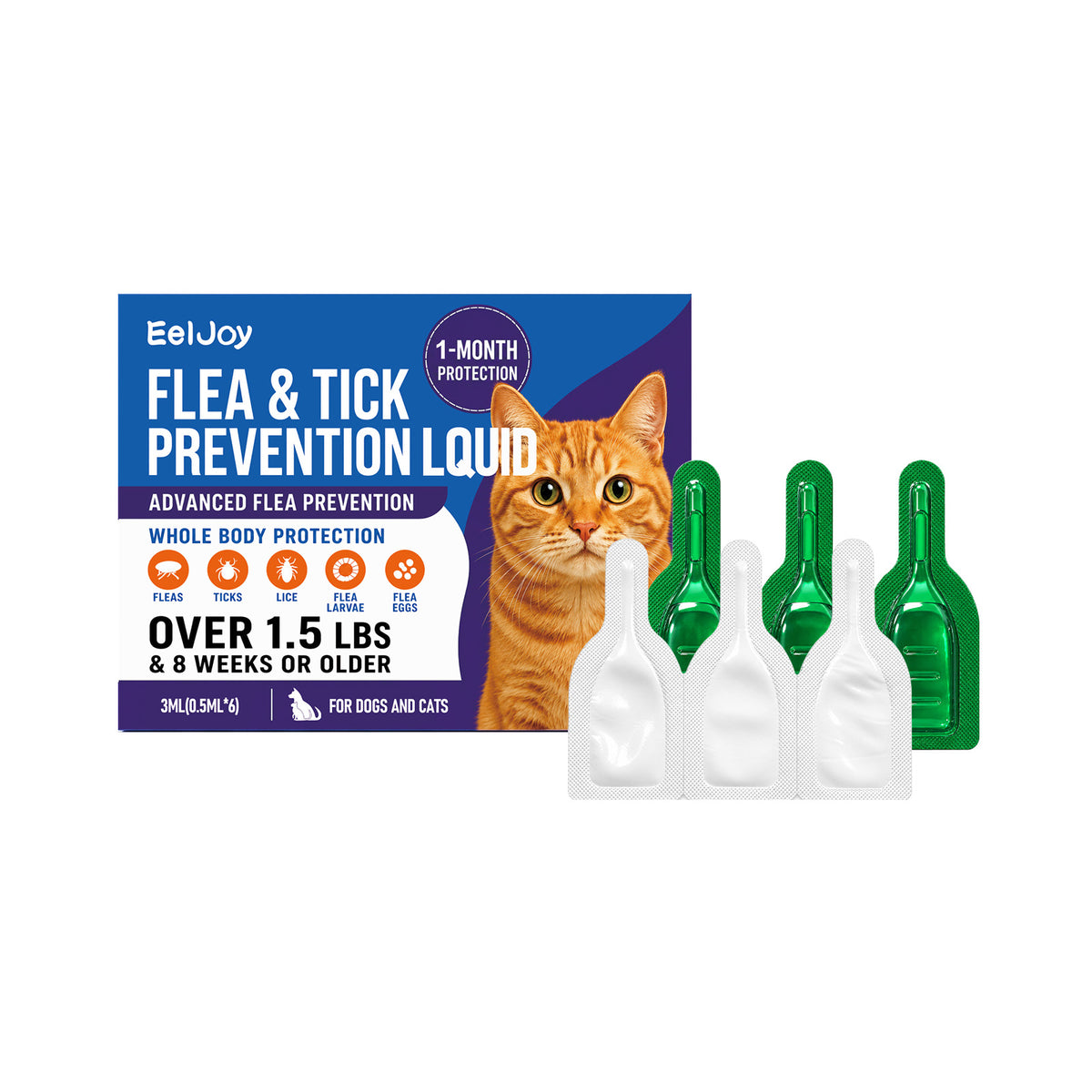 EelJoy Flea & Tick Prevention Liquid for cats, showing the blue and purple retail box with an orange tabby cat photo, alongside four individual liquid vials (three green and one white) on a plain white background.