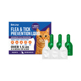 EelJoy Flea & Tick Prevention Liquid for cats, showing the blue and purple retail box with an orange tabby cat photo, alongside four individual liquid vials (three green and one white) on a plain white background.