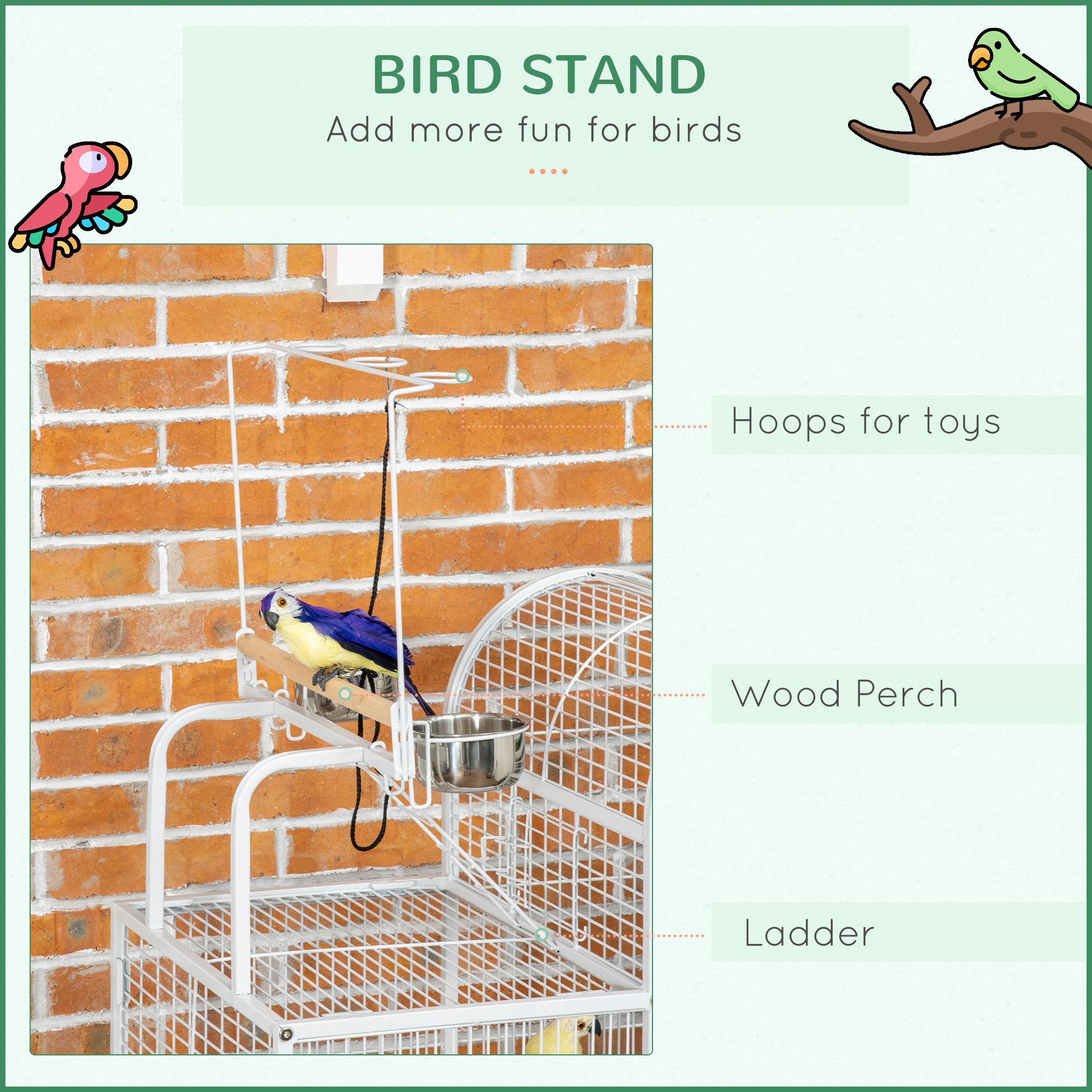 55" Large Parrot Cage with Toy Hooks Above Top Bird Perch, Tray, Food Cups, Rolling Stand, Bird Cage for Cockatiels, Parakeets, Lovebirds - Image 5