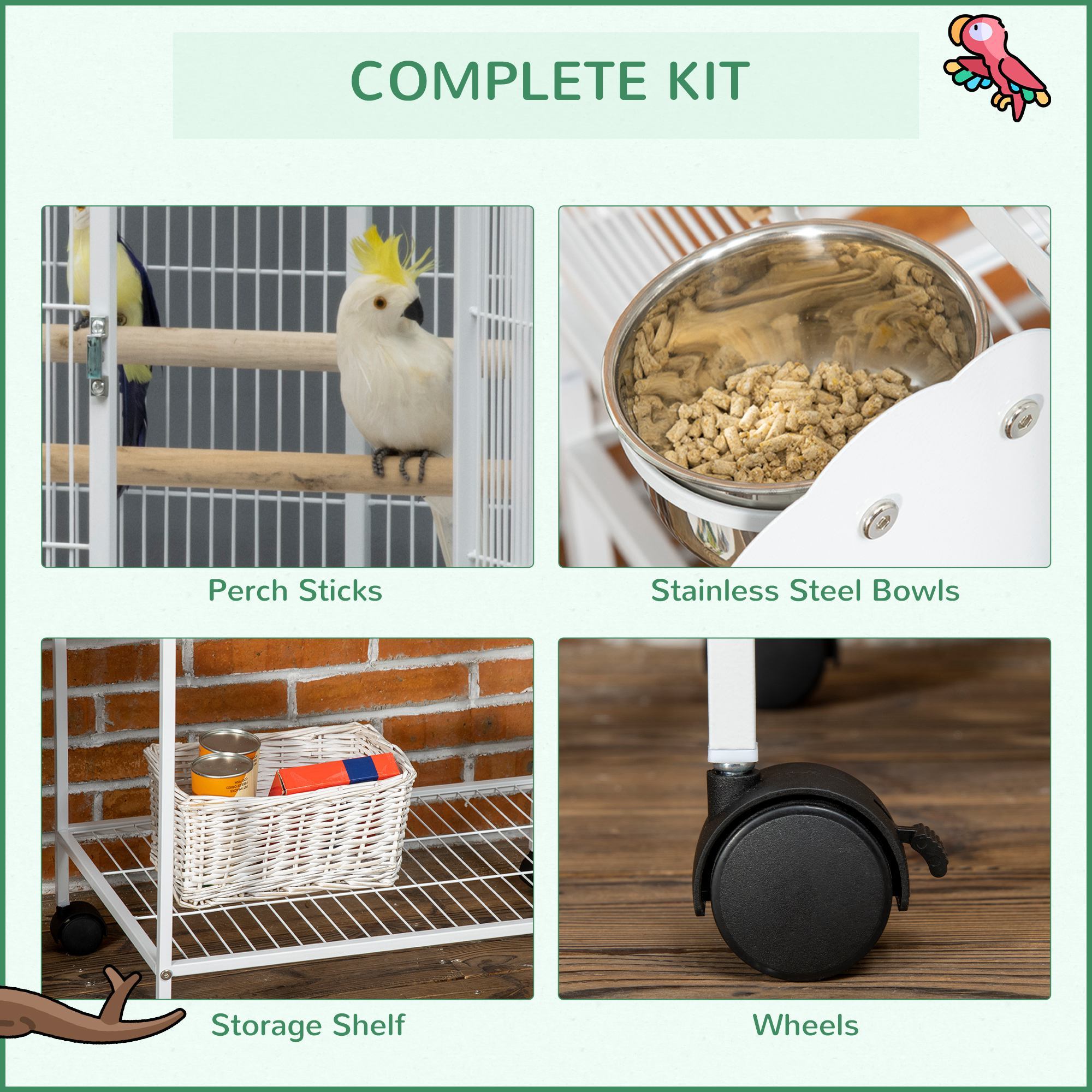 55" Large Parrot Cage with Toy Hooks Above Top Bird Perch, Tray, Food Cups, Rolling Stand, Bird Cage for Cockatiels, Parakeets, Lovebirds - Image 6