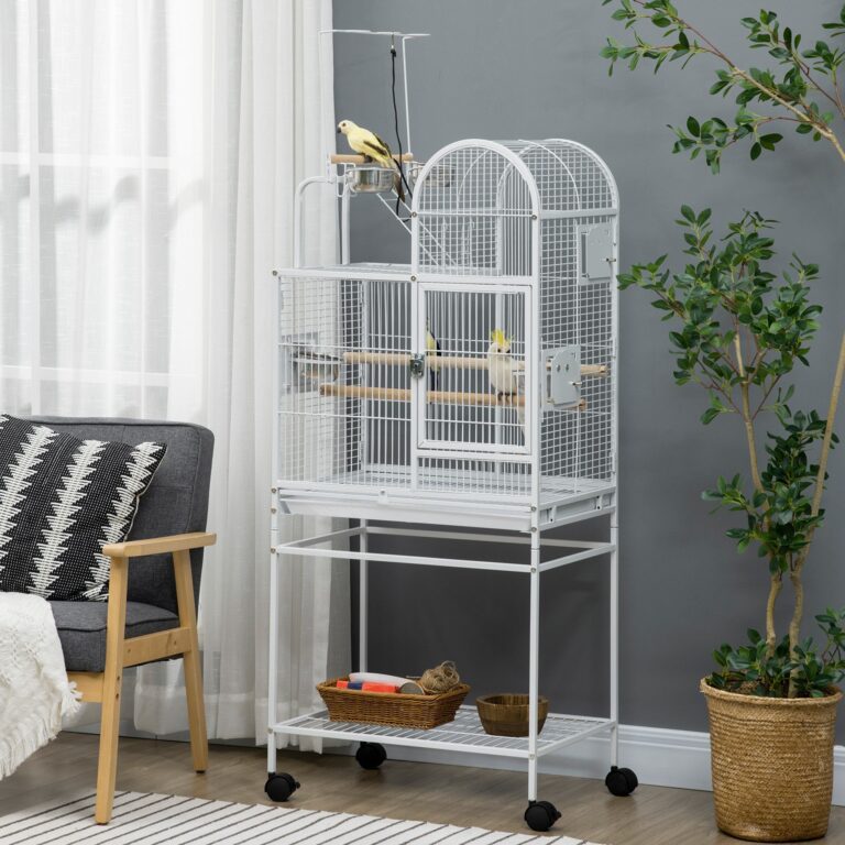 55″ Large Parrot Cage with Toy Hooks Above Top Bird Perch, Tray, Food Cups, Rolling Stand, Bird Cage for Cockatiels, Parakeets, Lovebirds