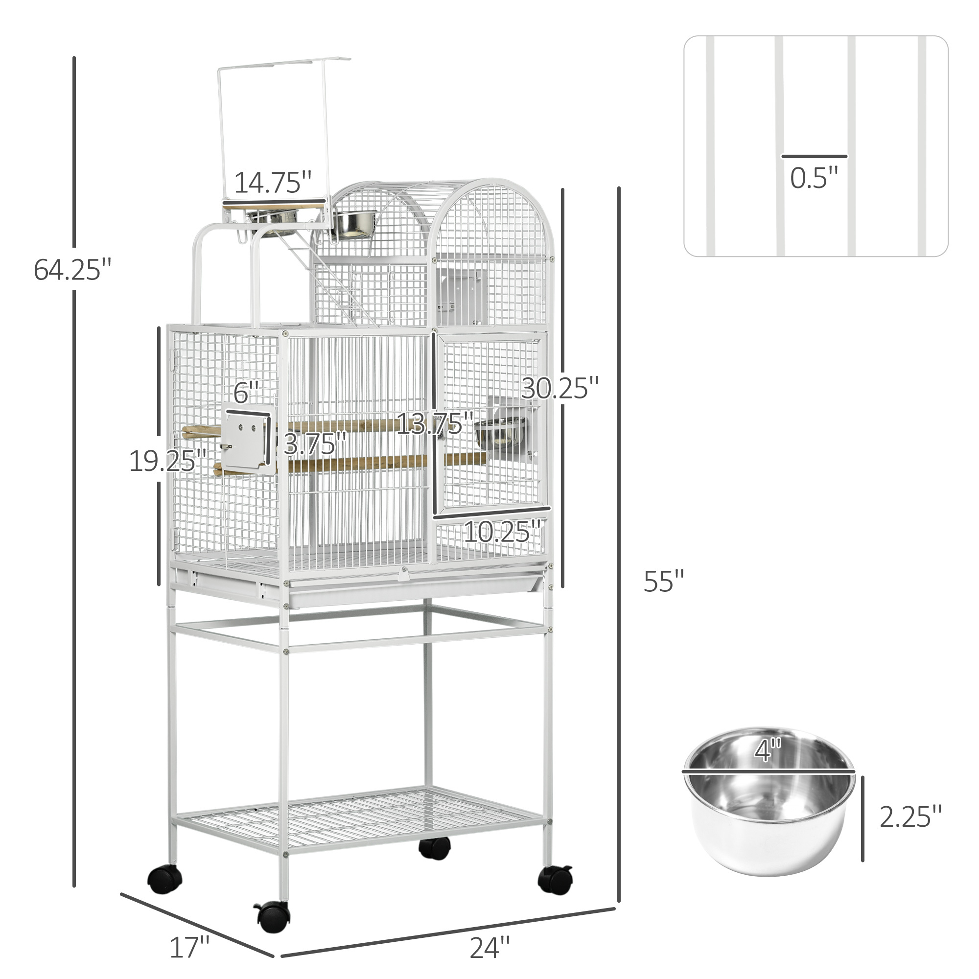 55" Large Parrot Cage with Toy Hooks Above Top Bird Perch, Tray, Food Cups, Rolling Stand, Bird Cage for Cockatiels, Parakeets, Lovebirds - Image 3