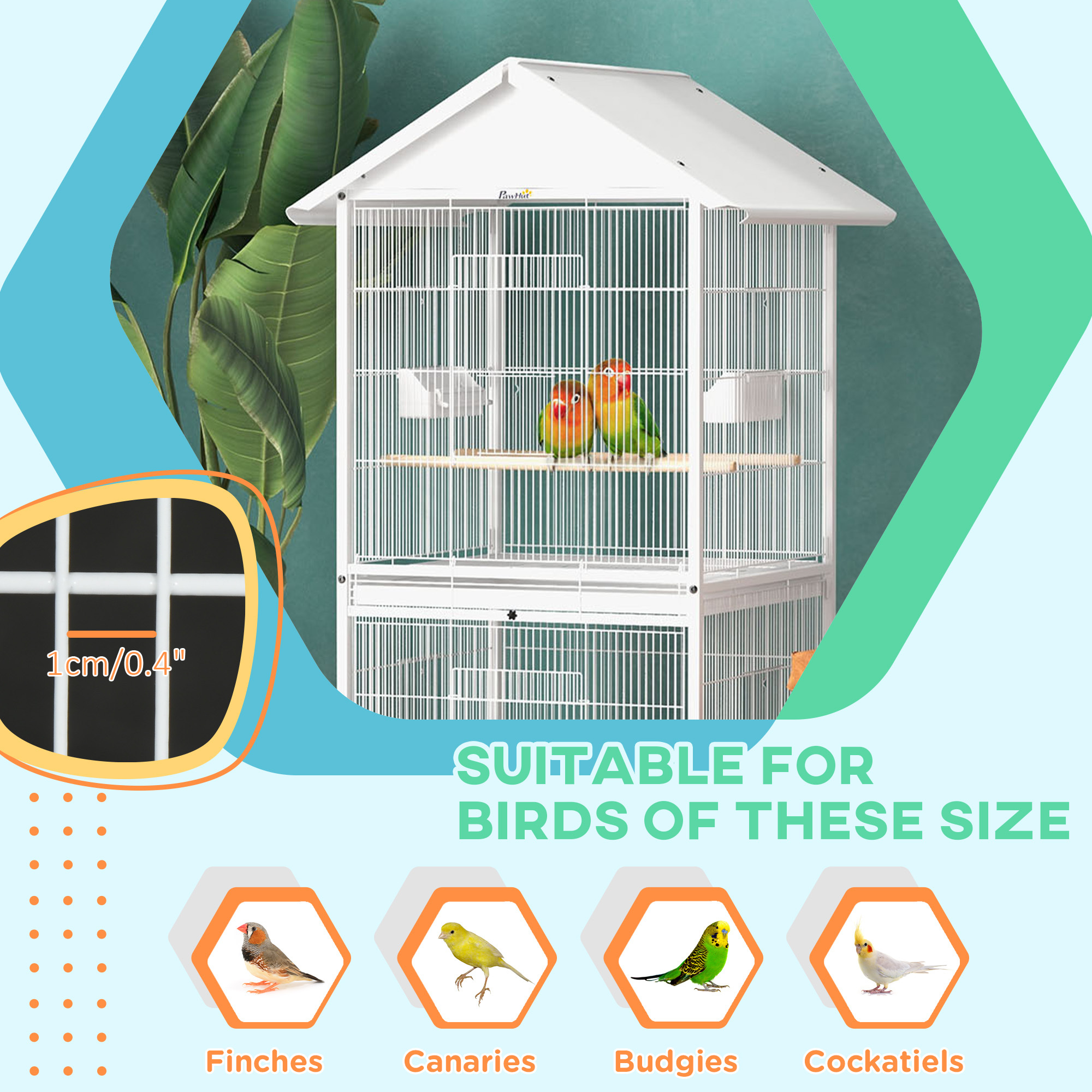 Wrought Metal Bird Cage Feeder with Rolling Stand Perches Food Containers Doors Wheels 67" H, White - Image 4