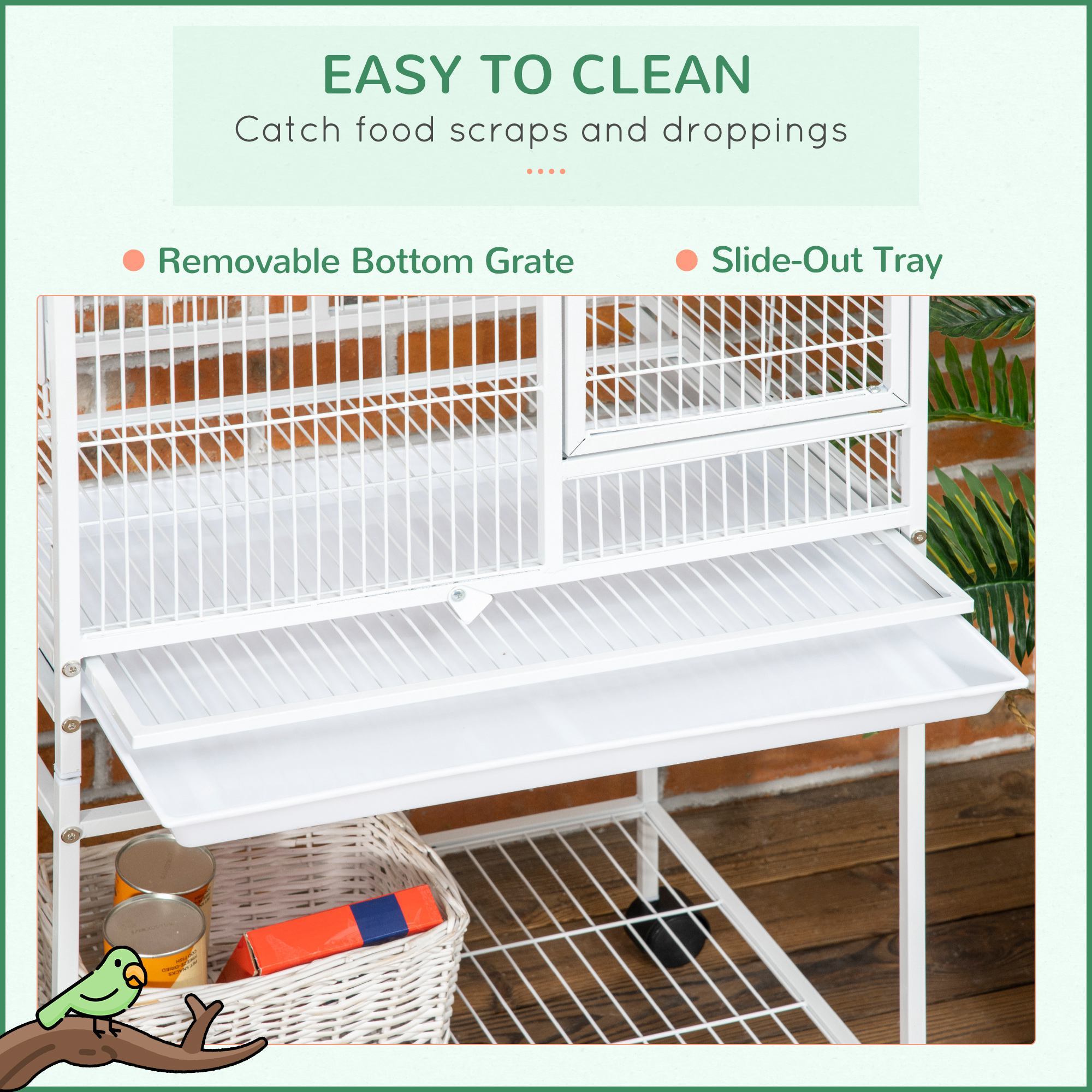55" Large Parrot Cage with Toy Hooks Above Top Bird Perch, Tray, Food Cups, Rolling Stand, Bird Cage for Cockatiels, Parakeets, Lovebirds - Image 8