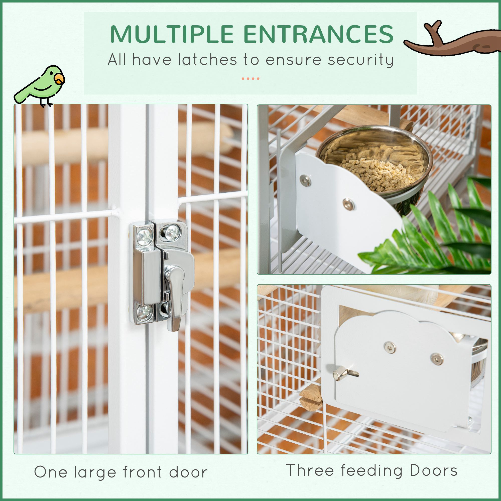 55" Large Parrot Cage with Toy Hooks Above Top Bird Perch, Tray, Food Cups, Rolling Stand, Bird Cage for Cockatiels, Parakeets, Lovebirds - Image 7
